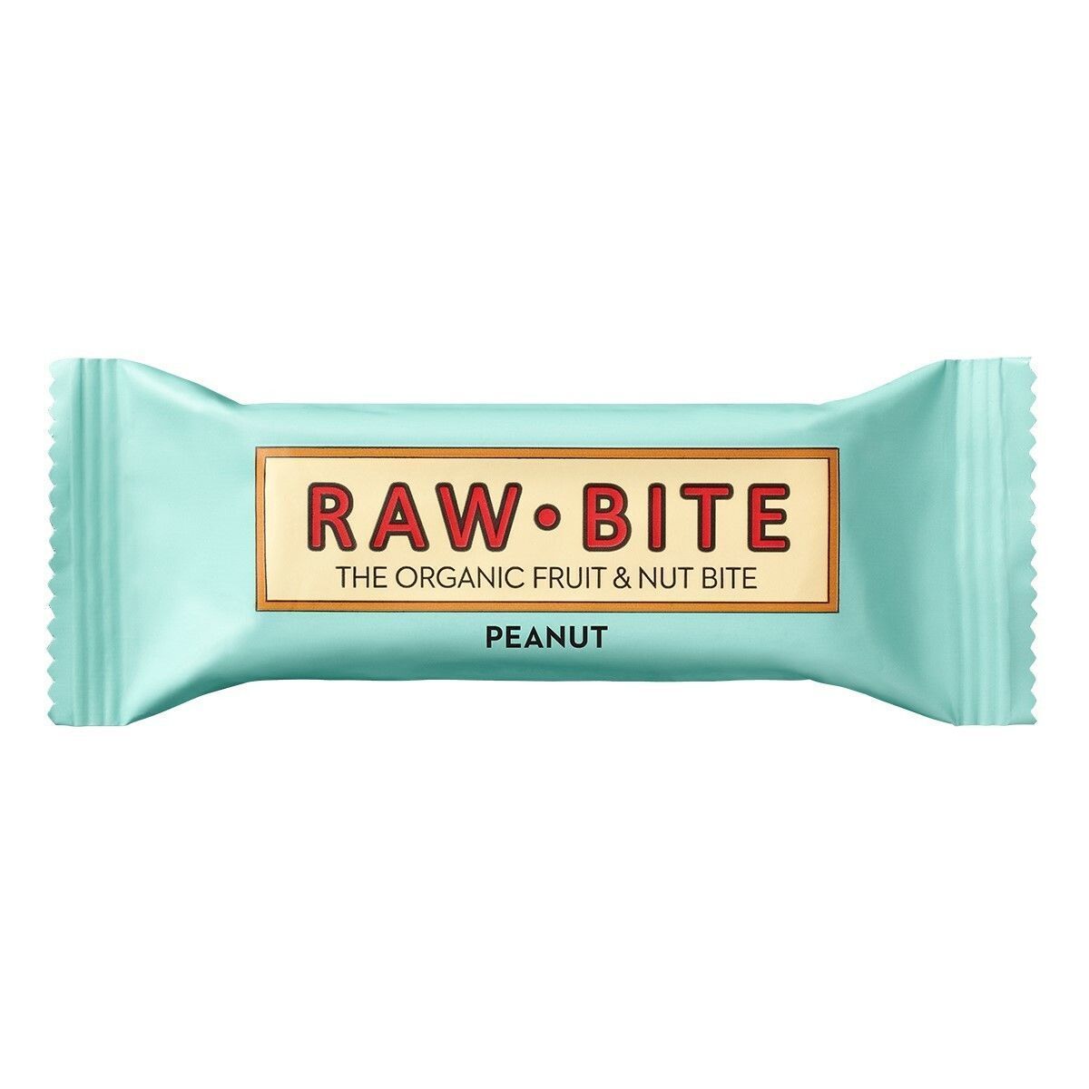 Confezione Raw Bite Peanut. Pellicola azzurra con logo e scritta "RAW BITE". "PEANUT" sotto.