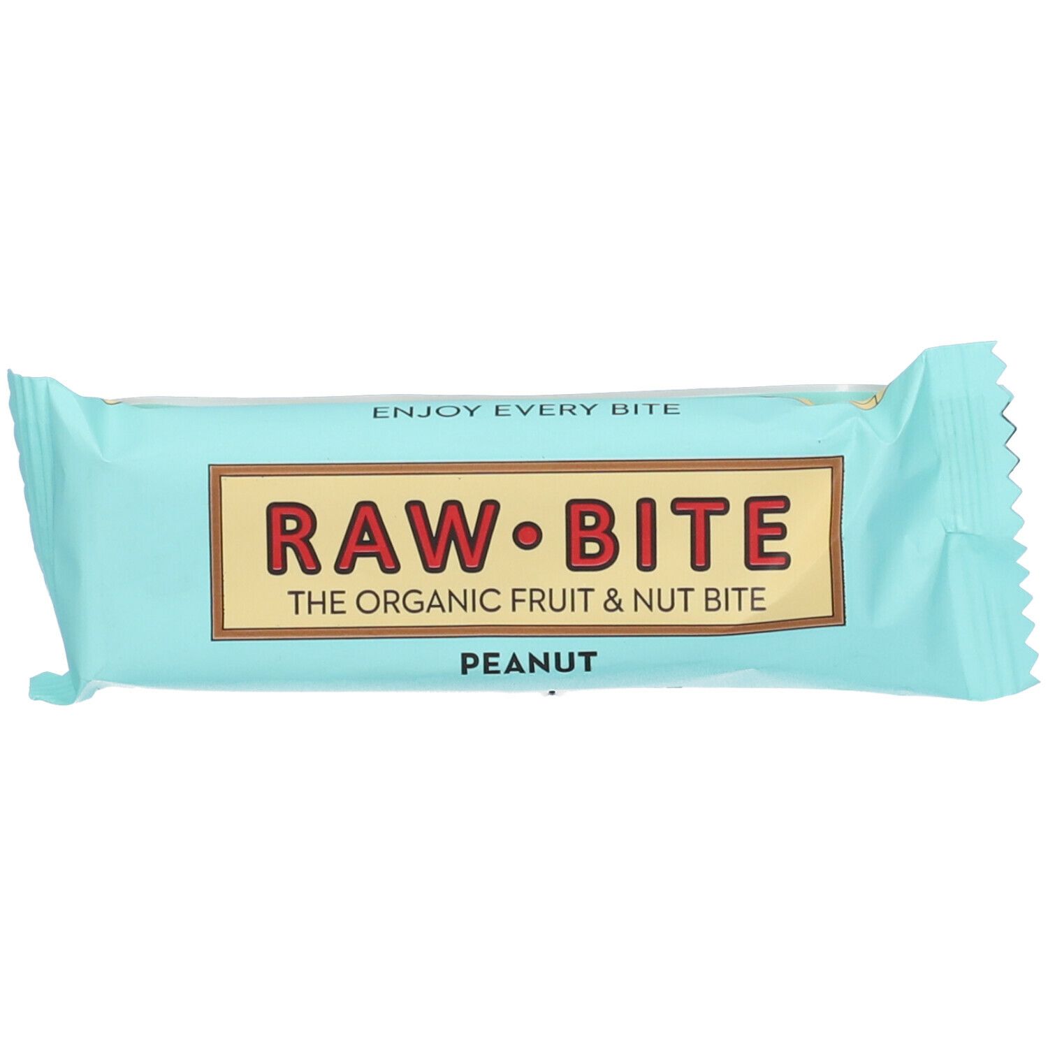 Confezione Raw Bite Peanut. Pellicola azzurra con logo e scritta "RAW BITE". "PEANUT" sotto. Testo "ENJOY EVERY BITE".