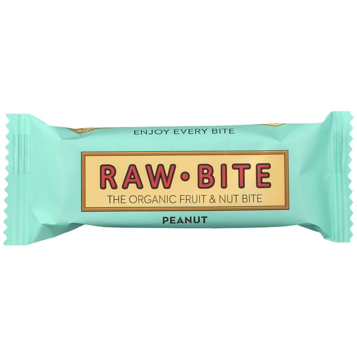 Confezione Raw Bite Peanut. Pellicola azzurra con logo e scritta "RAW BITE". "PEANUT" sotto. Testo "ENJOY EVERY BITE".