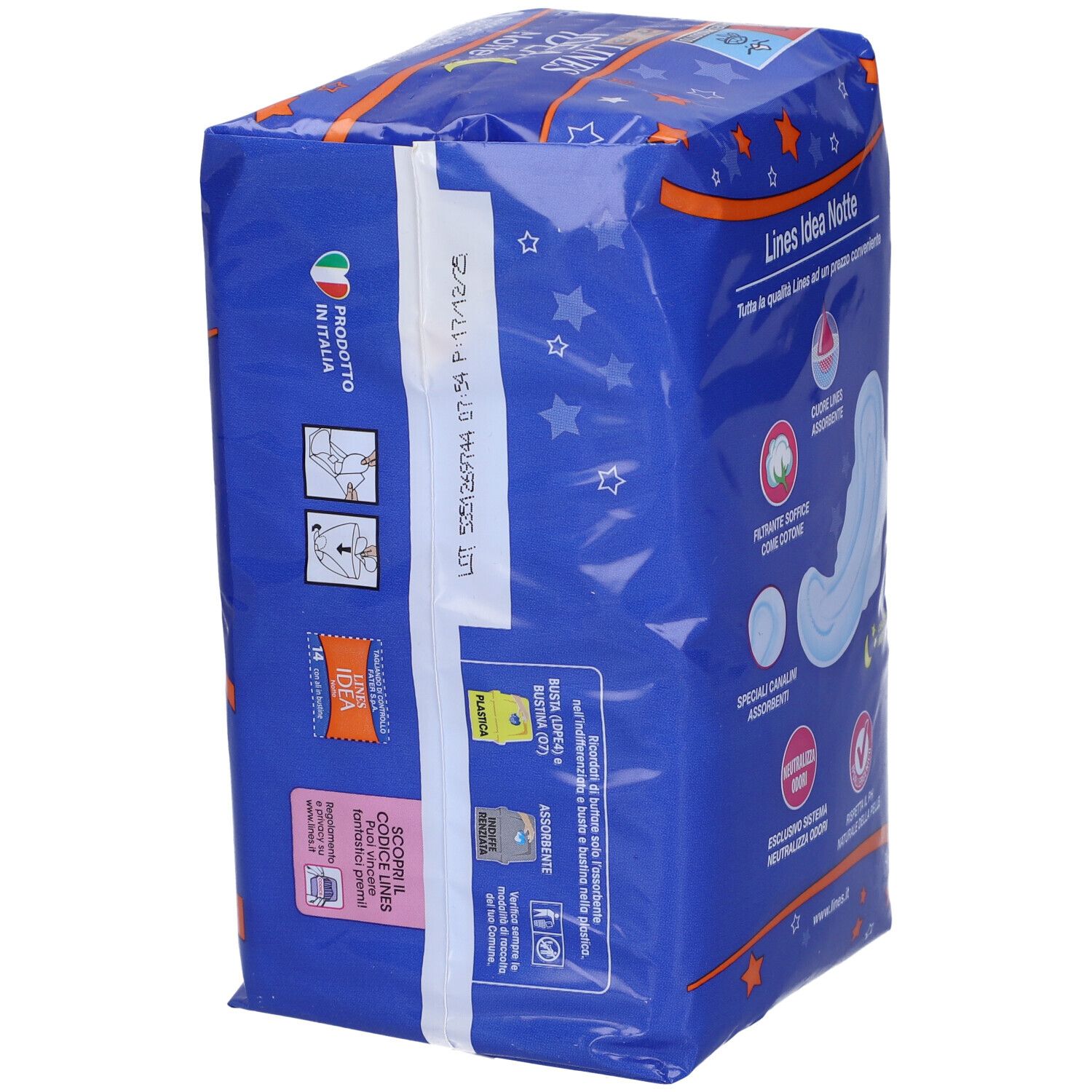 Seitenansicht der Lines Idea Notte Packung. Text: 'Prodotto in Italia', Chargennummer, Produktabbildung.