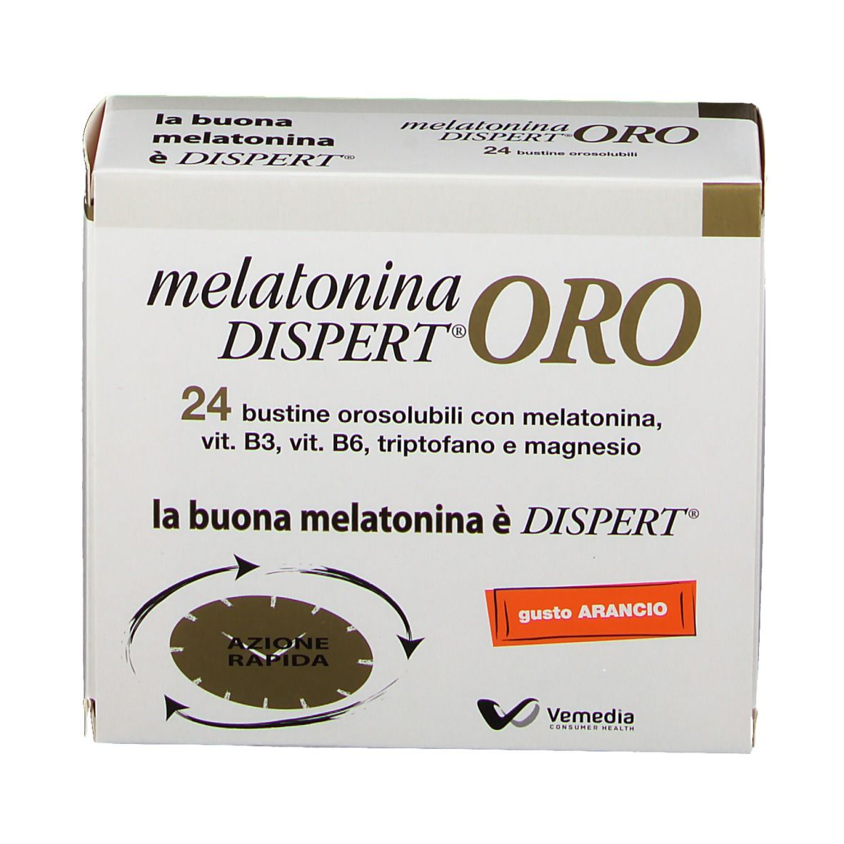 Scatola Melatonina Dispert ORO. Contiene 24 bustine. Scritto: gusto ARANCIO. Marchio Vemedia.