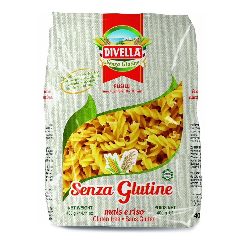 Confezione di pasta fusilli. Scritta: Senza Glutine, senza glutine. Marchio: Divella. Contenuto: 400g.