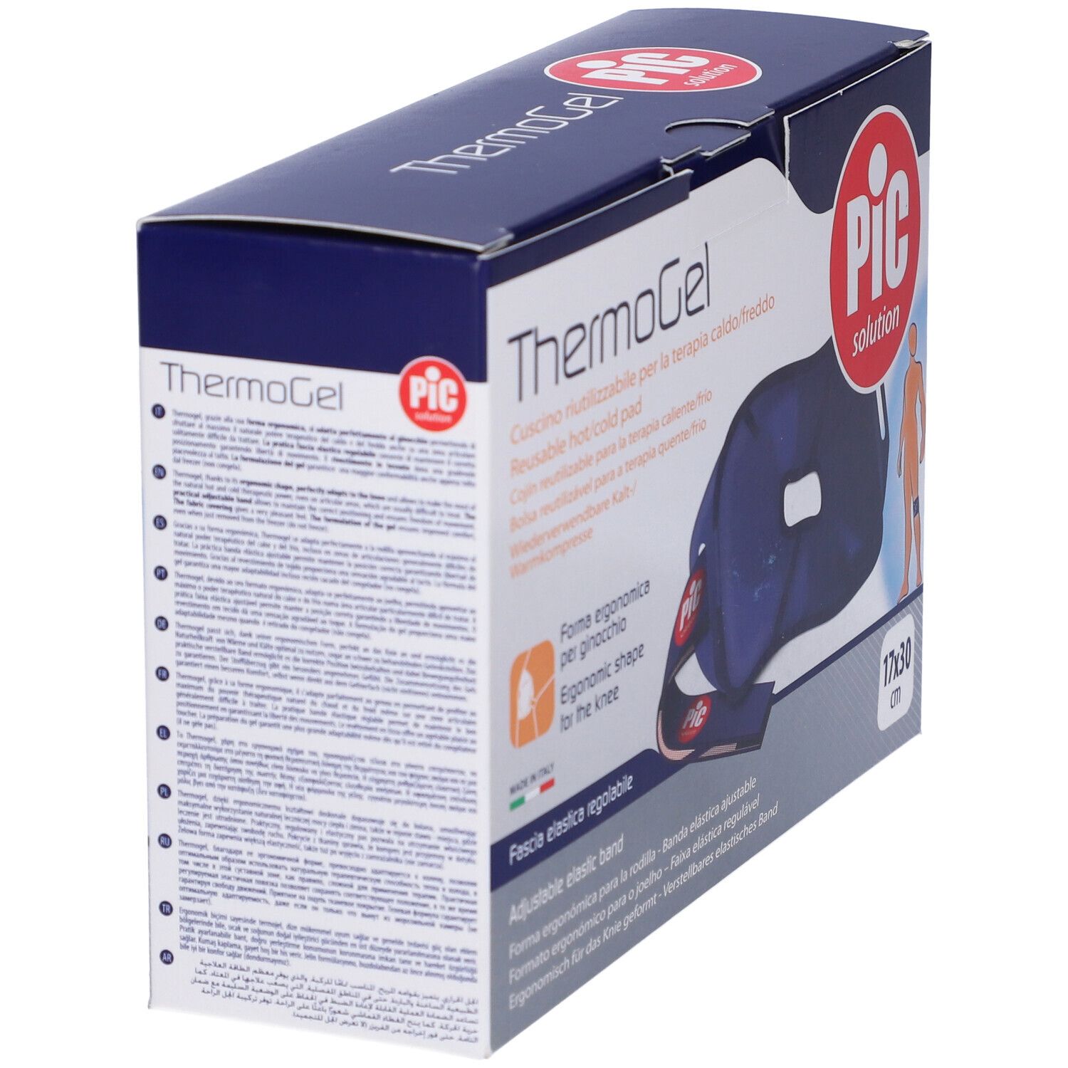 Confezione ThermoGel, angolata. Cuscinetto blu per ginocchio con fascia regolabile. Marchio PIC. 17x30 cm.