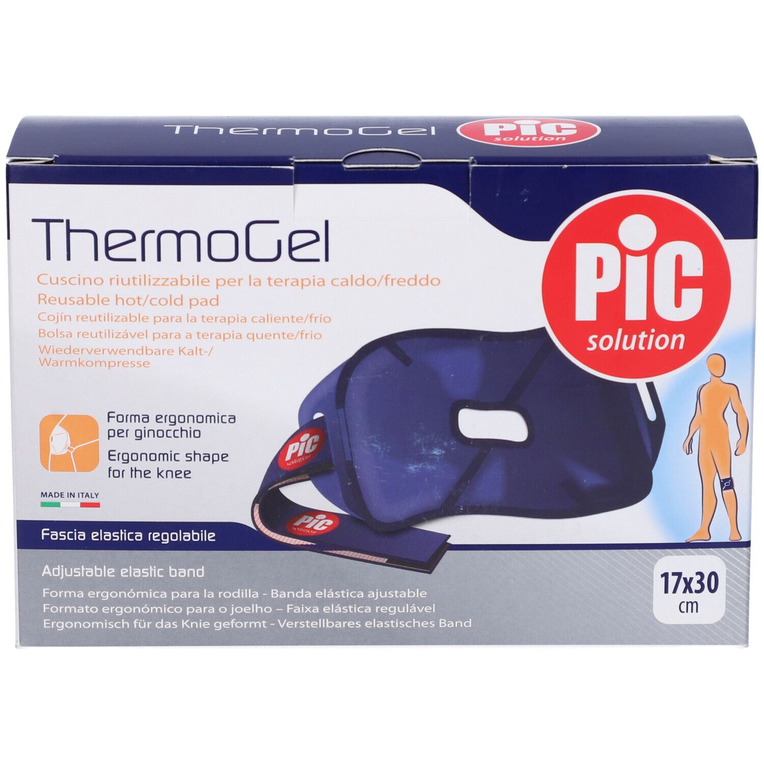 Confezione ThermoGel. Cuscinetto blu per ginocchio con fascia regolabile. Marchio PIC. Dimensioni 17x30 cm.