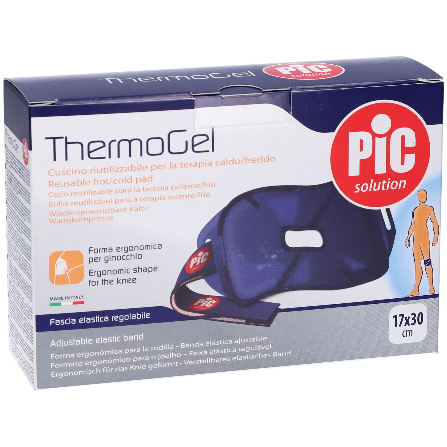 Confezione ThermoGel. Cuscinetto blu per ginocchio con fascia regolabile. Marchio PIC. Dimensioni 17x30 cm.