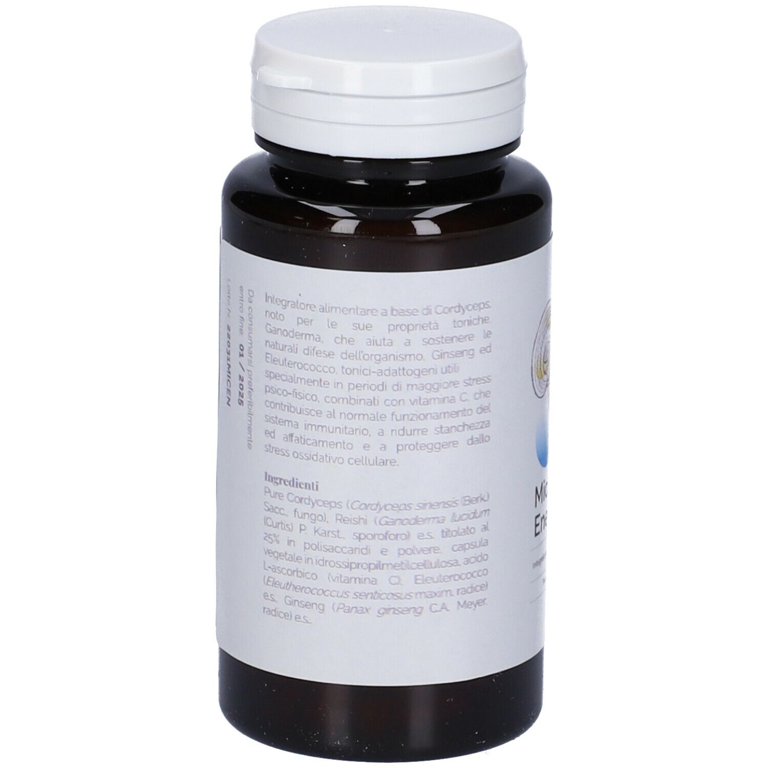 Flacone marrone con tappo bianco. Etichetta con testo, ingredienti e informazioni. Nome del prodotto non visibile.