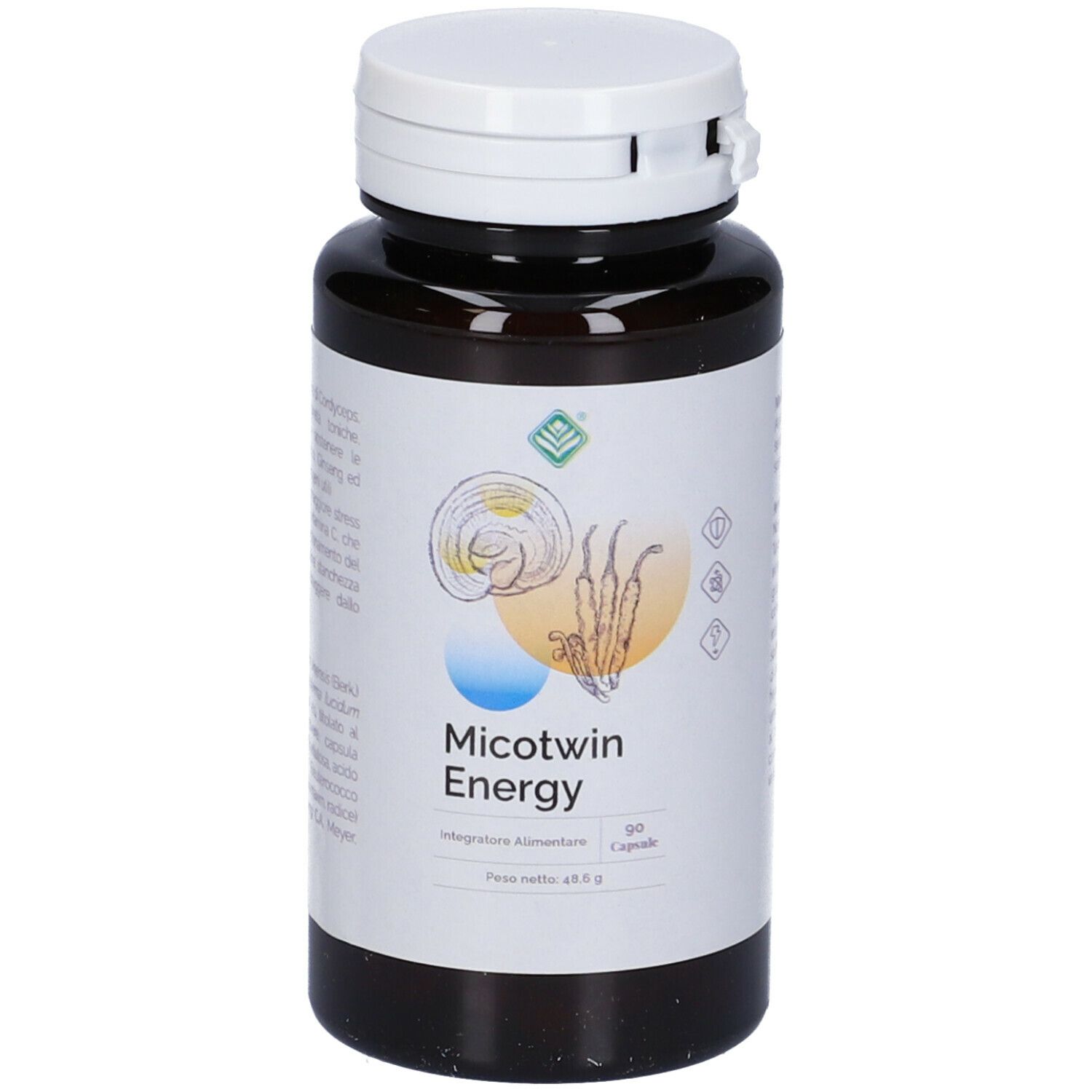 Flacone marrone con tappo bianco. Etichetta con nome prodotto: Micotwin Energy. 90 capsule.
