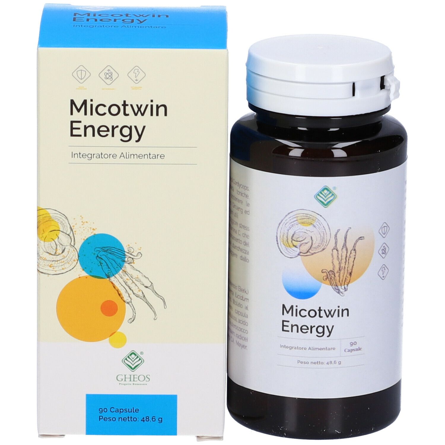 Flacone marrone con tappo bianco e scatola. Scatola con nome prodotto: Micotwin Energy. 90 capsule.