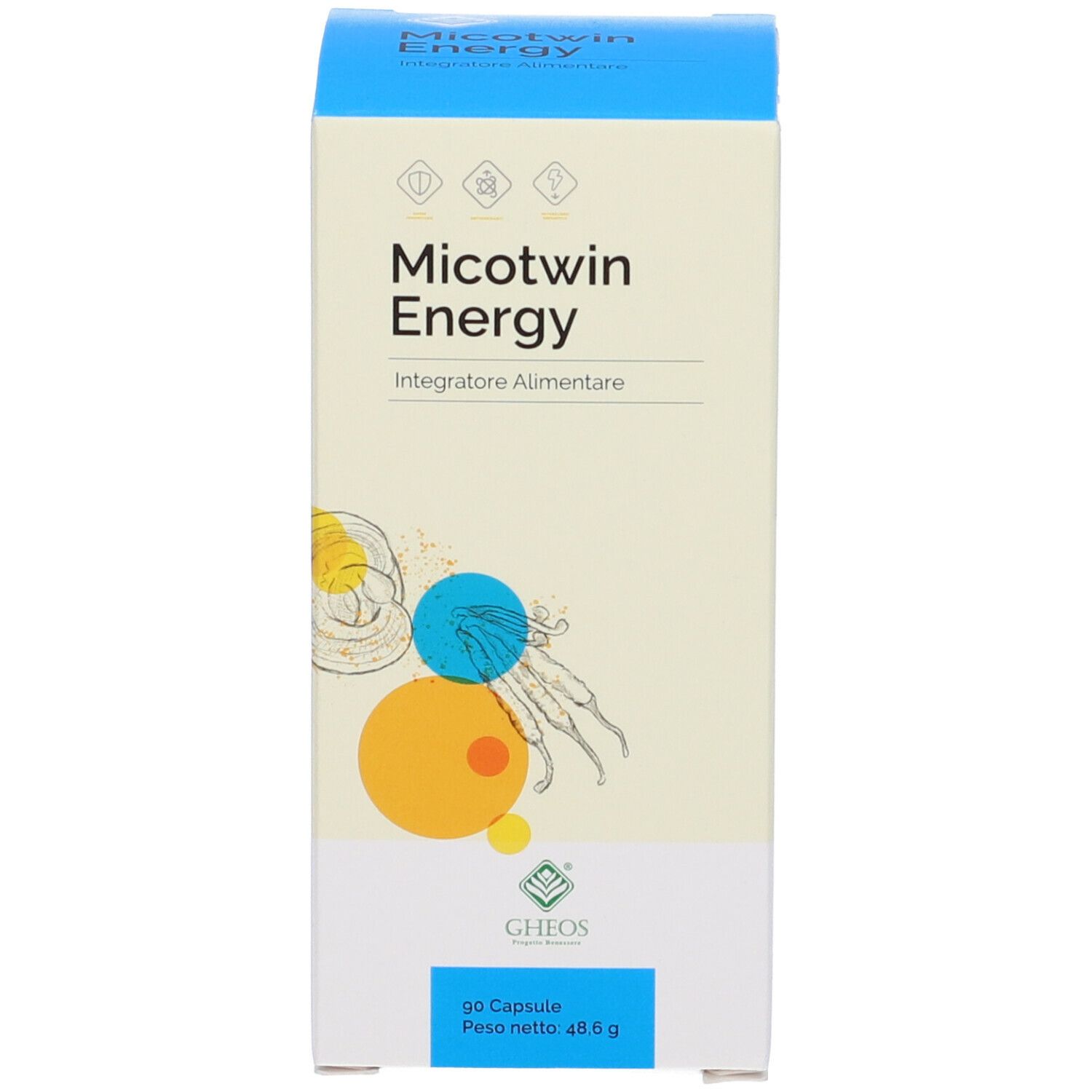 Scatola con nome prodotto: Micotwin Energy. 90 capsule. Design blu e bianco.