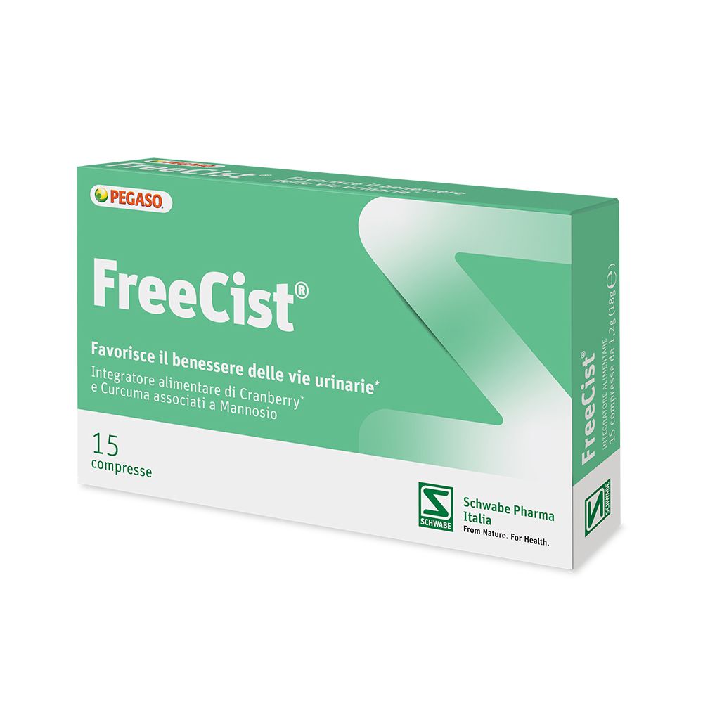 Scatola verde "FreeCist" con 15 compresse. Marchio Pegaso.