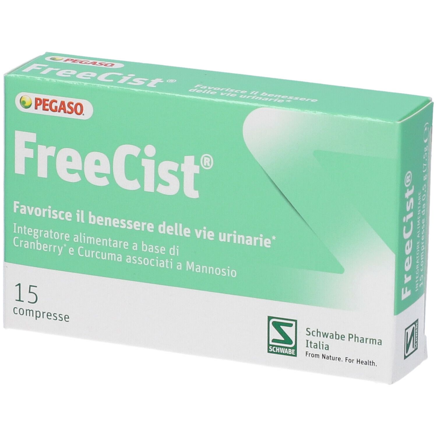 Scatola verde "FreeCist" con 15 compresse. Marchi Pegaso e Schwabe Pharma.