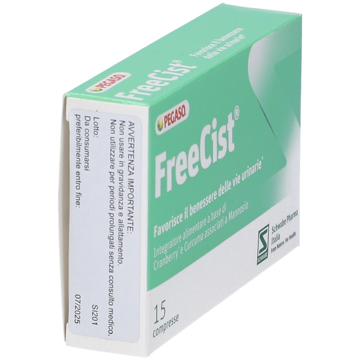 Scatola verde "FreeCist" con 15 compresse. Marchio Pegaso. Testo sul retro.