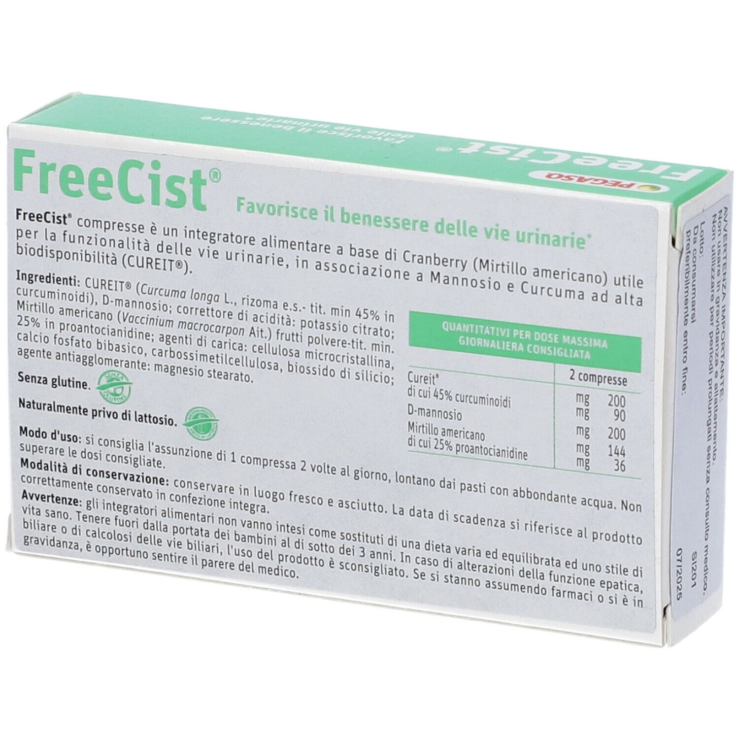 Retro della scatola "FreeCist". Ingredienti, dosaggio e avvertenze.
