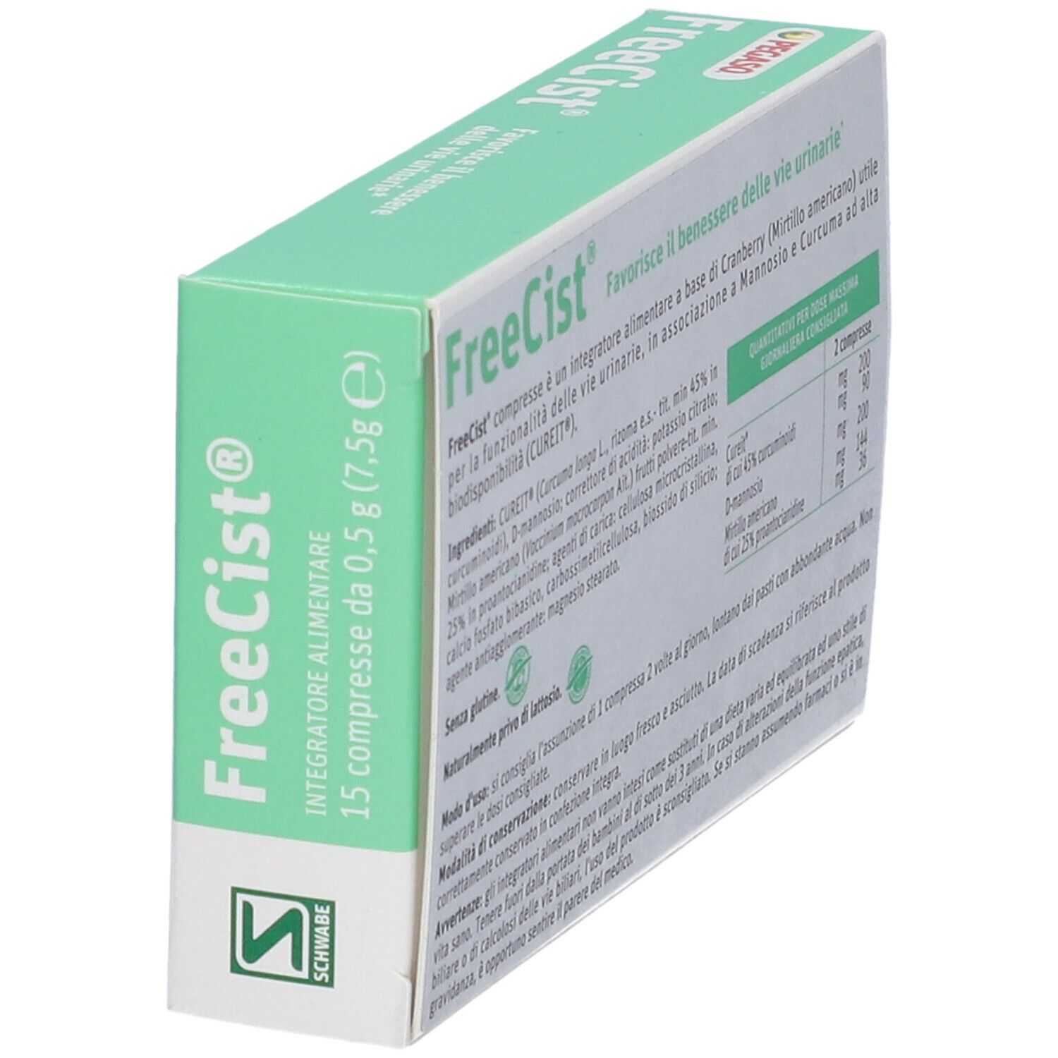 Scatola verde "FreeCist" con 15 compresse. Marchio Pegaso. Vista laterale.