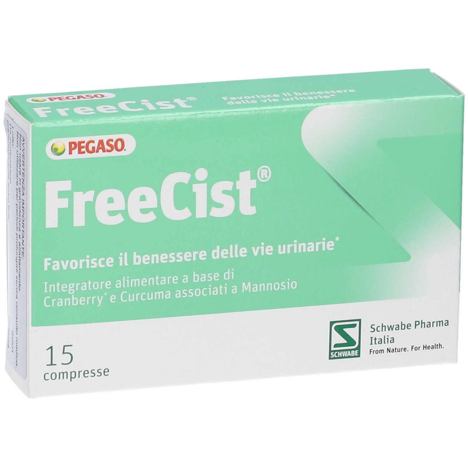 Scatola verde "FreeCist" con 15 compresse. Marchi Pegaso e Schwabe Pharma.