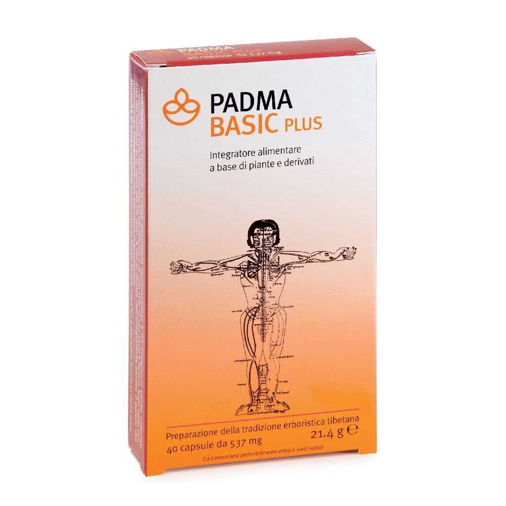 Confezione di Padma Basic Plus. Scritta: Padma Basic Plus, 40 capsule, 21,4 g. Illustrazione di un corpo umano.