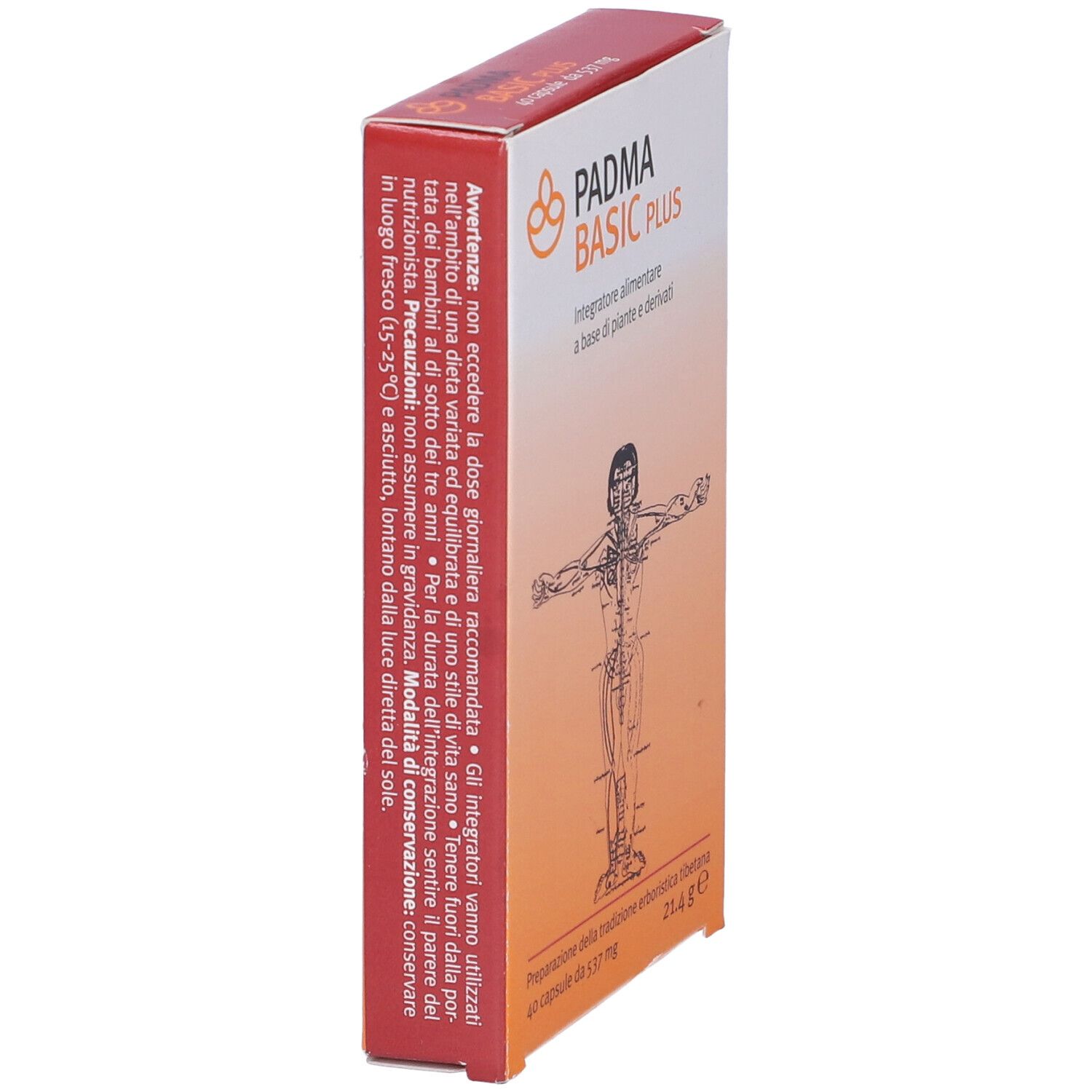 Confezione di Padma Basic Plus. Scritta: Padma Basic Plus, 40 capsule, 21,4 g. Vista laterale con testo.
