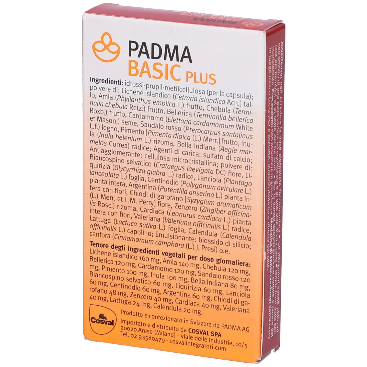 Confezione di Padma Basic Plus. Scritta: Padma Basic Plus. Retro con elenco ingredienti e informazioni del produttore.