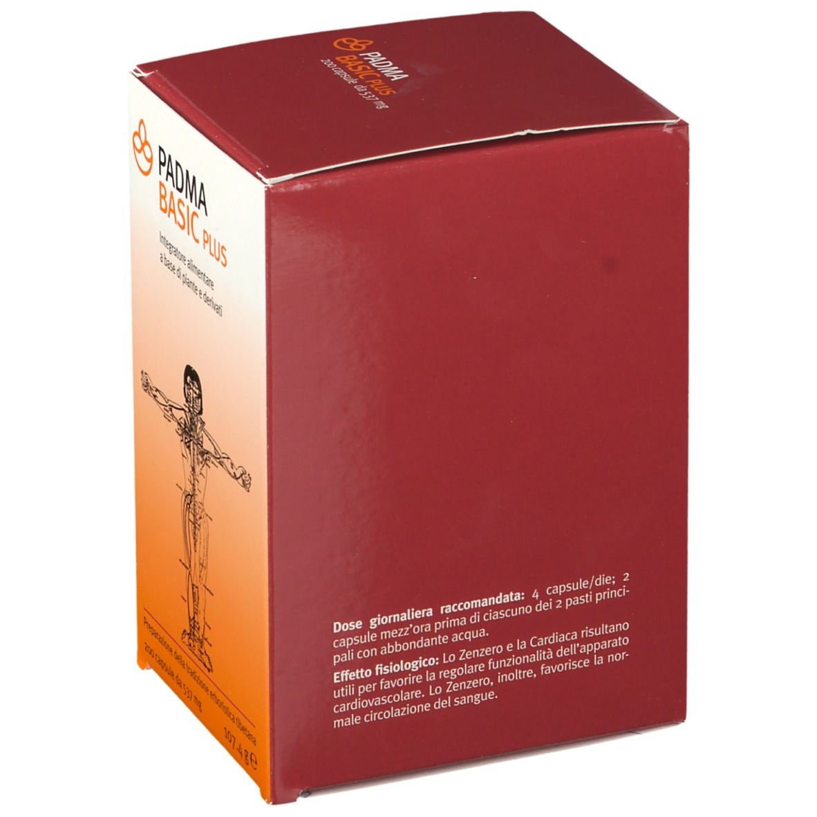 Scatola rossa con logo "PADMA BASIC PLUS". Testo sul dosaggio raccomandato ed effetto fisiologico. Vista angolare.