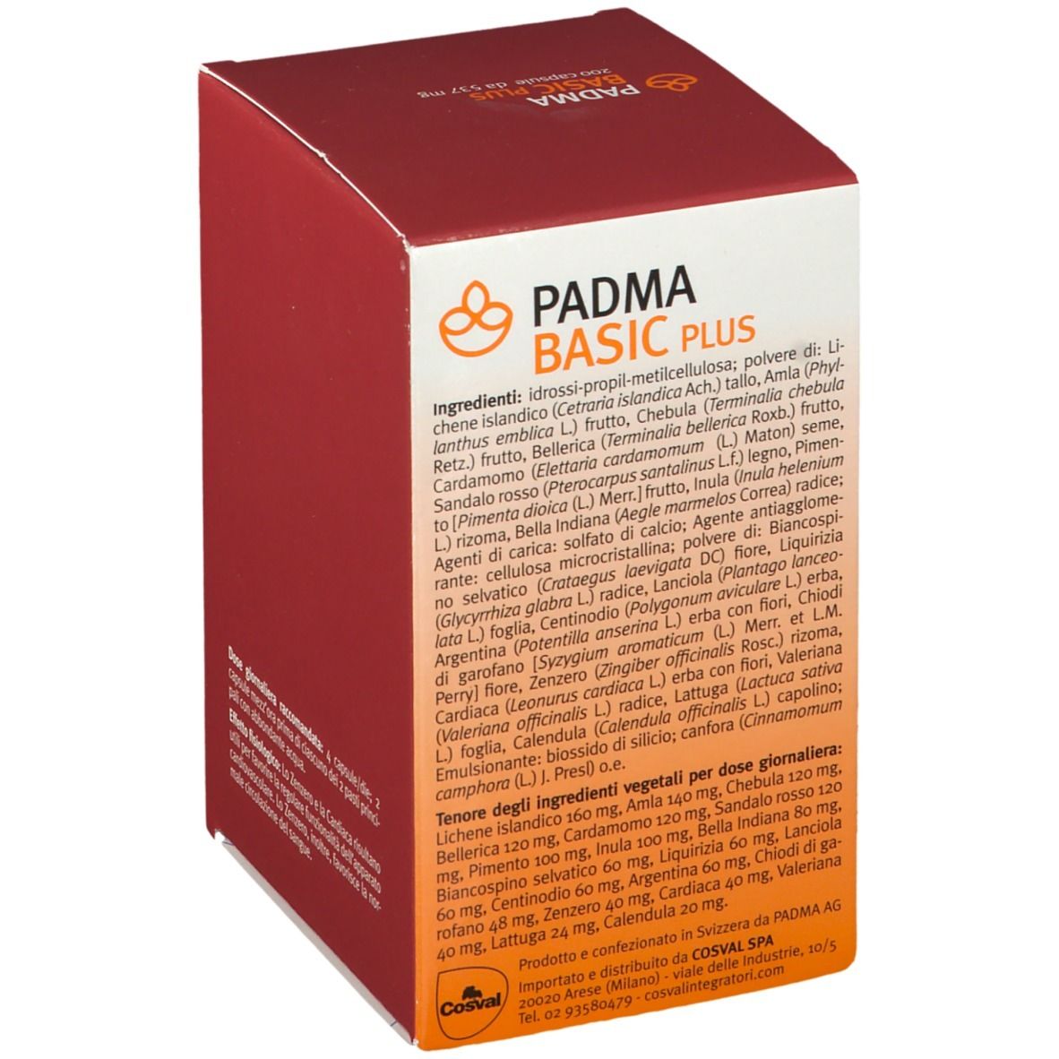 Scatola rossa con logo "PADMA BASIC PLUS". Elenco degli ingredienti. Vista dettagliata degli ingredienti.