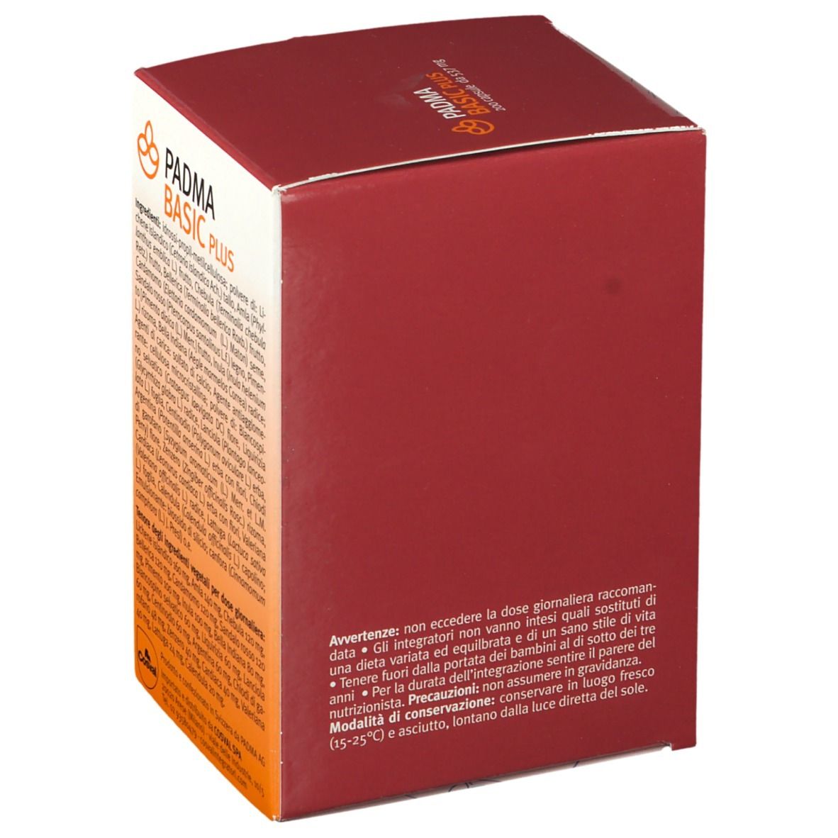 Scatola rossa con logo "PADMA BASIC PLUS". Avvertenze e precauzioni. Vista dettagliata.