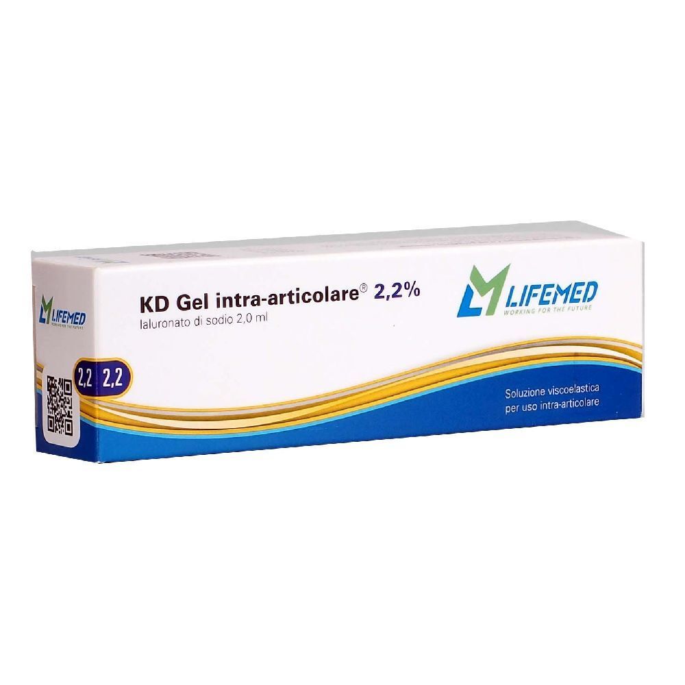 Confezione bianca con onda blu. Scritta: KD Gel intra-articolare 2,2%. Marchio LIFEMED. Testo in italiano.