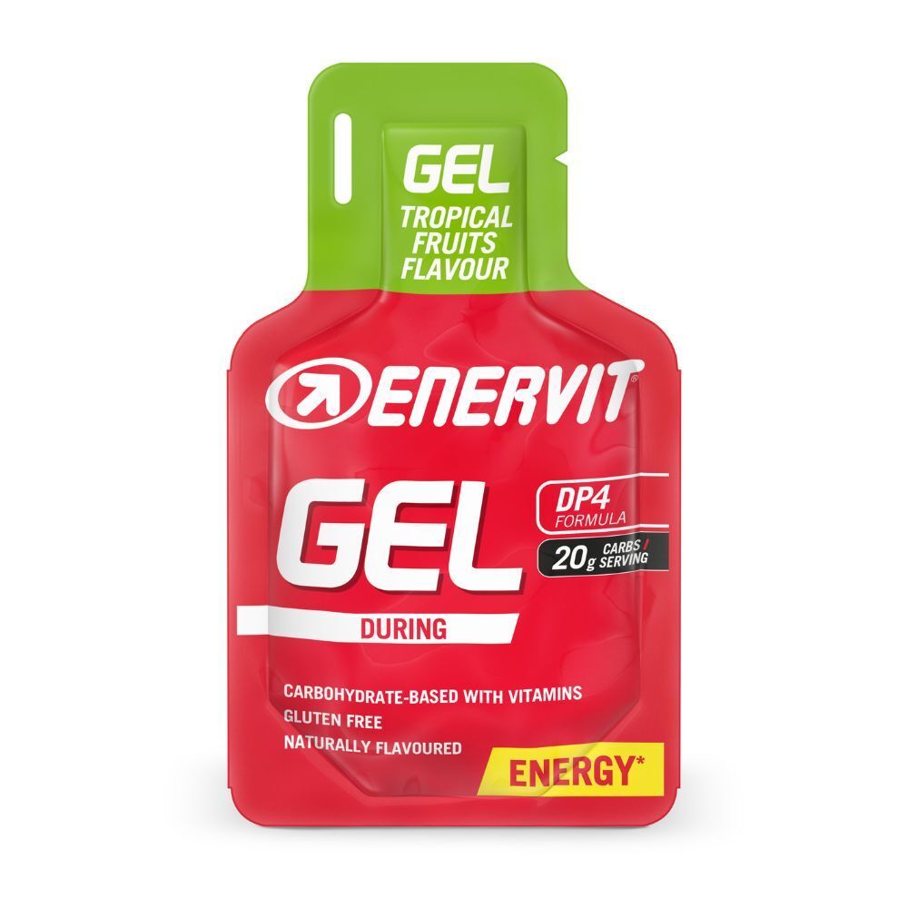Rotes Gel-Päckchen mit grünem Verschluss. Aufschrift: ENERVIT, GEL, Tropical Fruits Flavour, 20g Kohlenhydrate. Glutenfrei, natürlich aromatisiert.