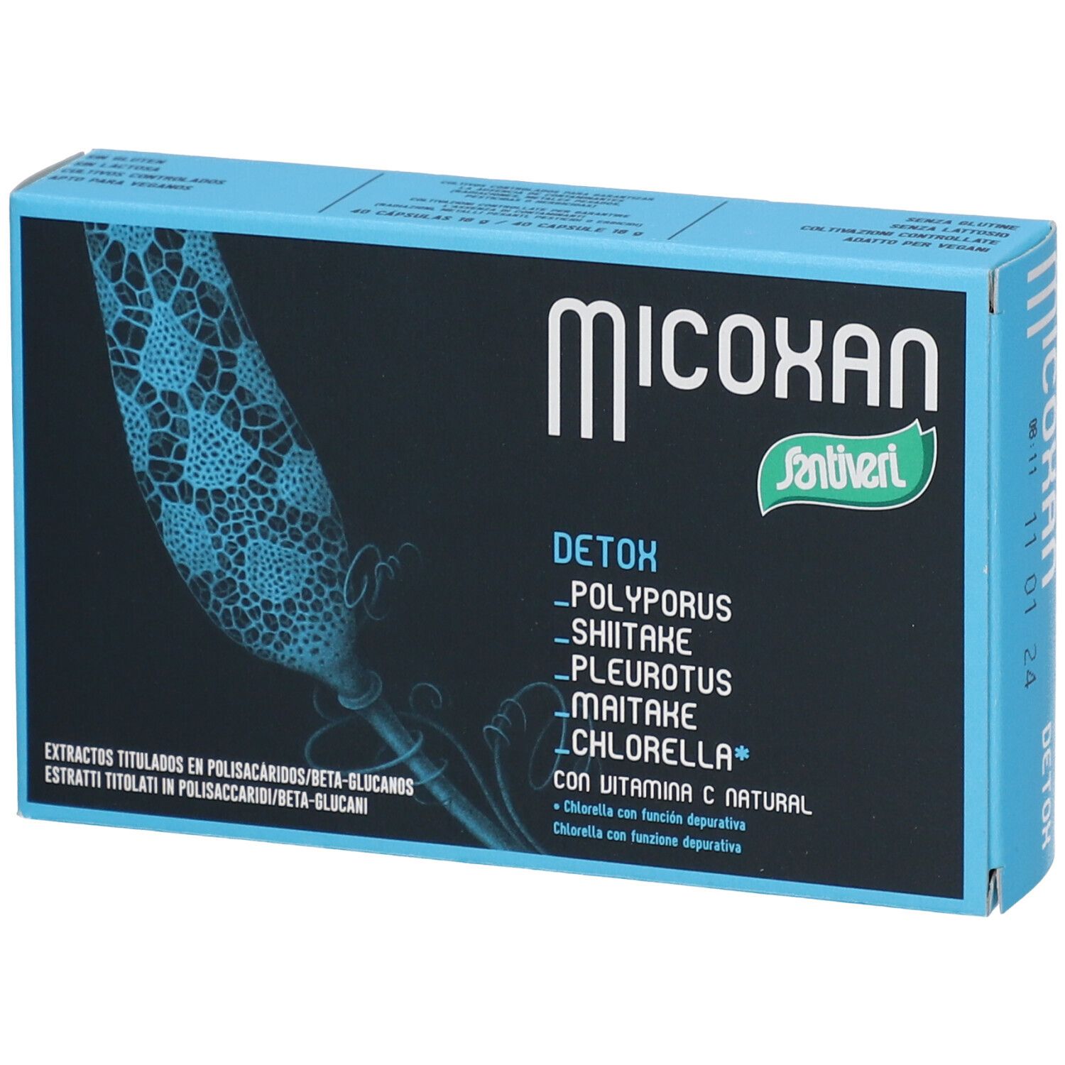 Scatola blu-nera con "Micoxan" e logo "Santiveri". Contiene "Detox" e ingredienti come Clorella e vitamina C.