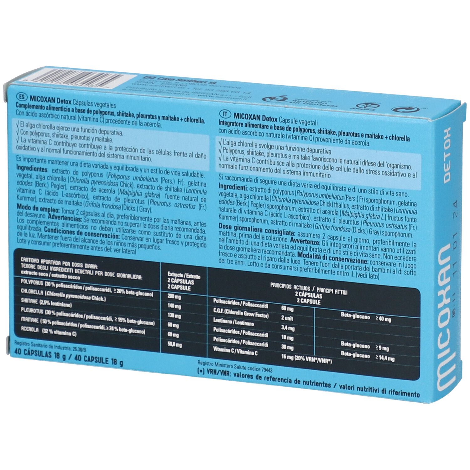Retro della scatola "Micoxan". Contiene informazioni su ingredienti, dosaggio e valori nutrizionali. Testo multilingue.