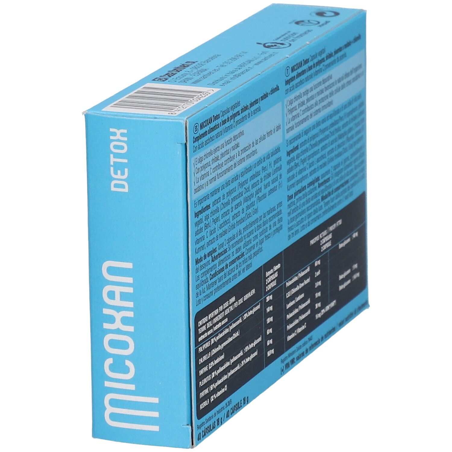 Scatola "Micoxan" blu, retro. Testo multilingue. Contiene informazioni su ingredienti e dosaggio.