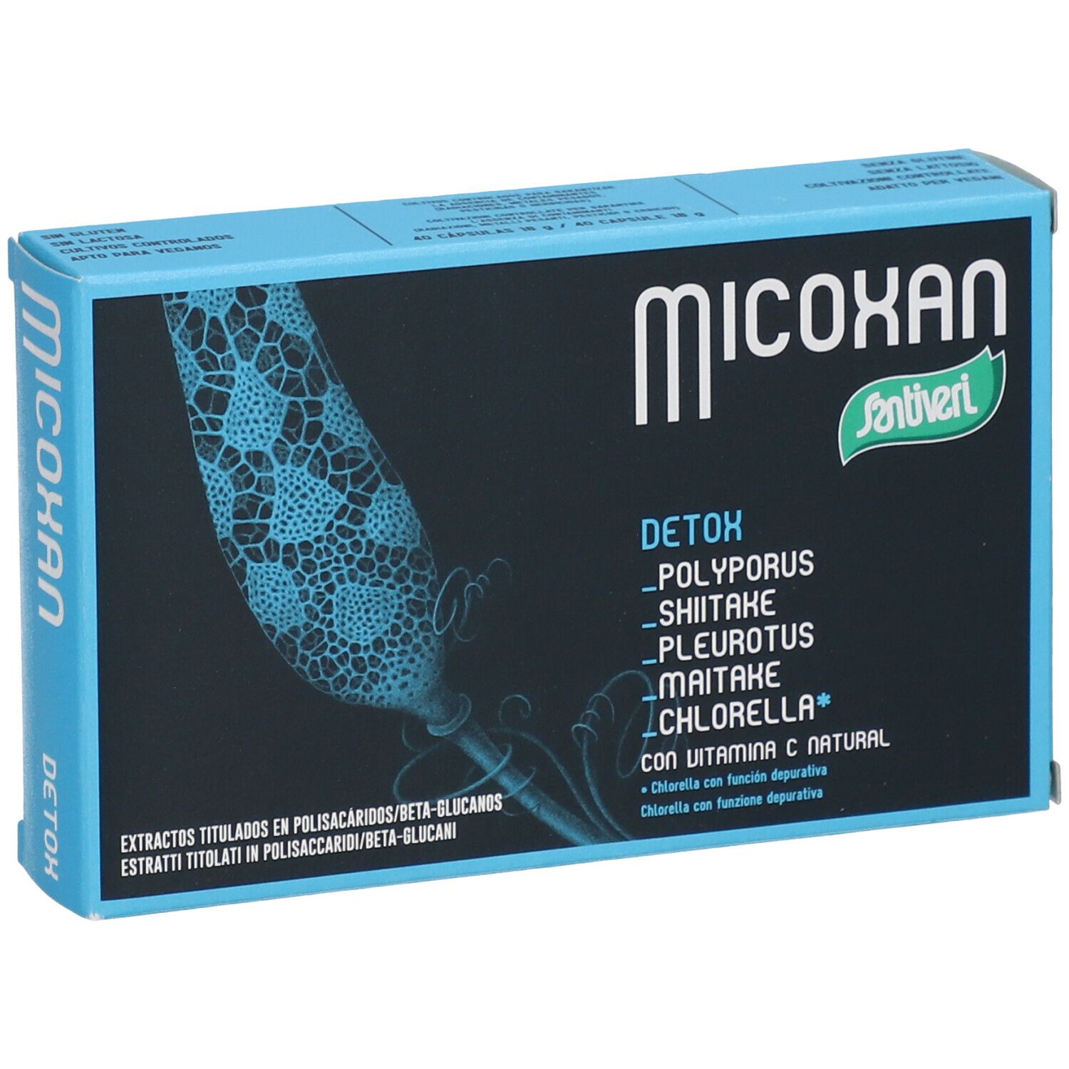 Scatola blu-nera con "Micoxan" e logo "Santiveri". Contiene "Detox" e ingredienti come Clorella e vitamina C.
