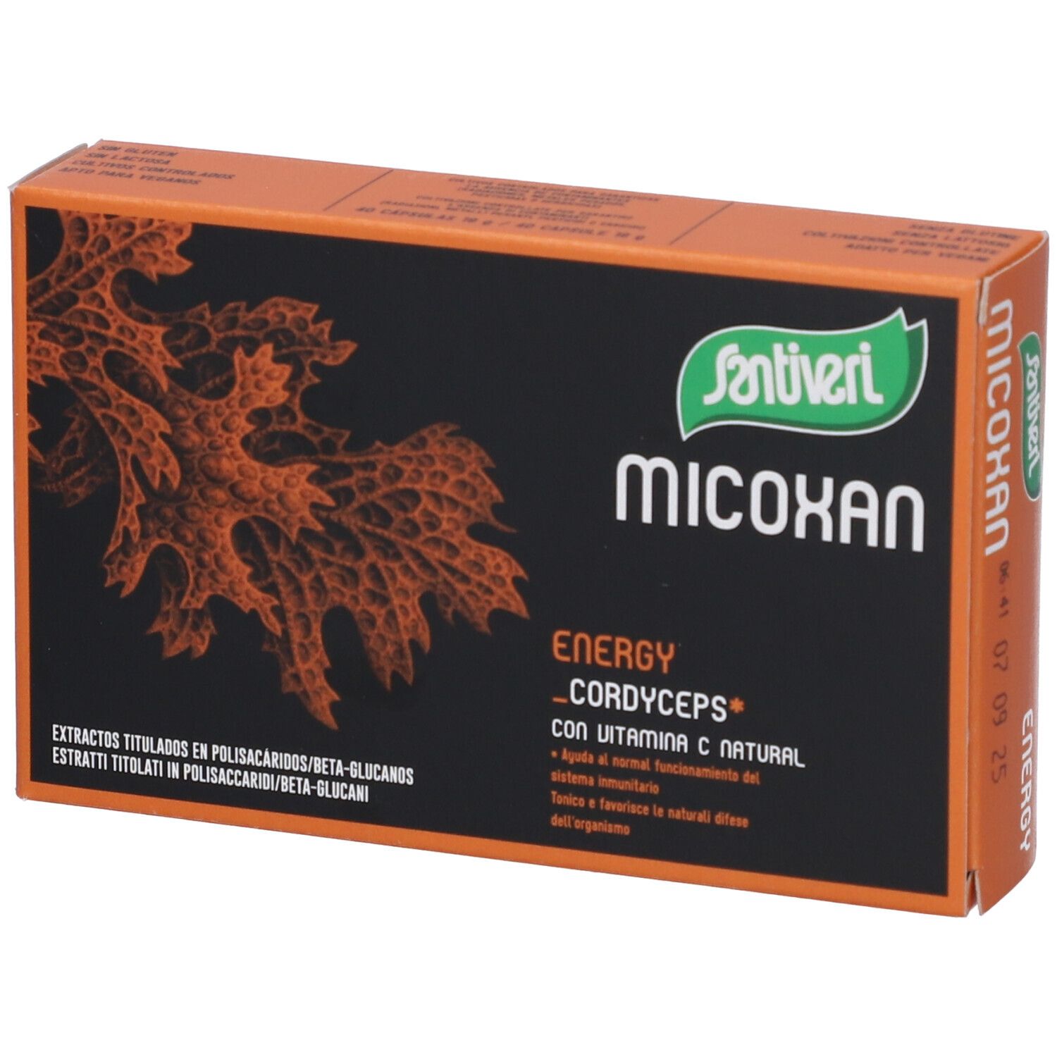 Scatola arancione con logo Santiveri e scritta "Micoxan". Contiene "Energy Cordyceps" e altre informazioni.