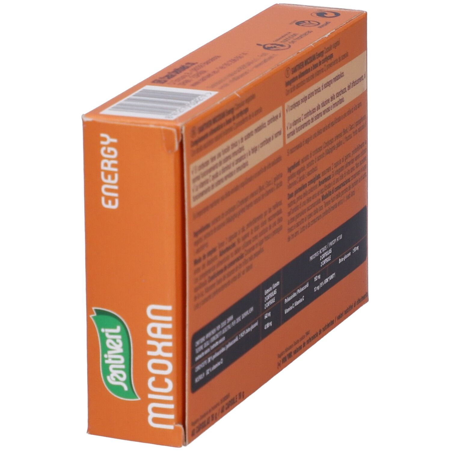Scatola "Micoxan" di Santiveri, arancione e nera. Retro con testo. Contiene informazioni su ingredienti e dosaggio.