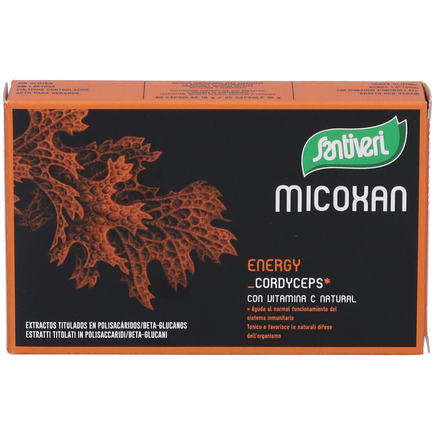 Scatola arancione con logo Santiveri e scritta "Micoxan". Contiene "Energy Cordyceps" e altre informazioni.
