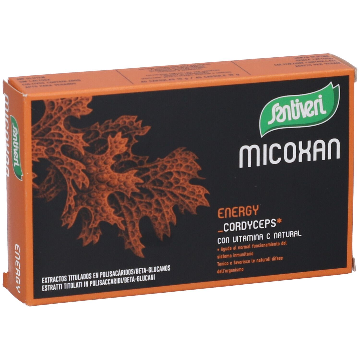Scatola arancione con logo Santiveri e scritta "Micoxan". Contiene "Energy Cordyceps" e altre informazioni.