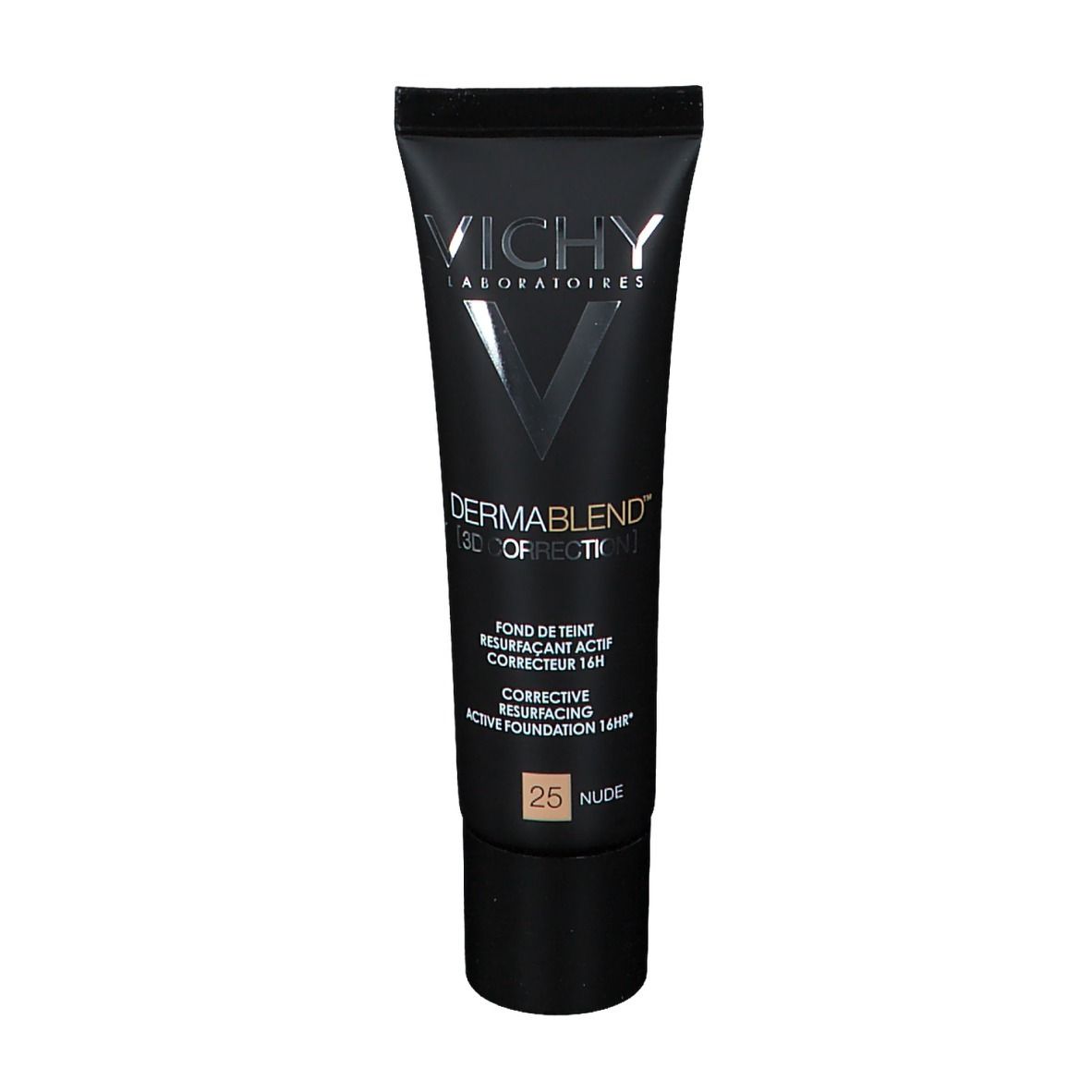 Tubo nero Vichy Dermablend 3D Correction 25 Nude. Nome e tonalità visibili.