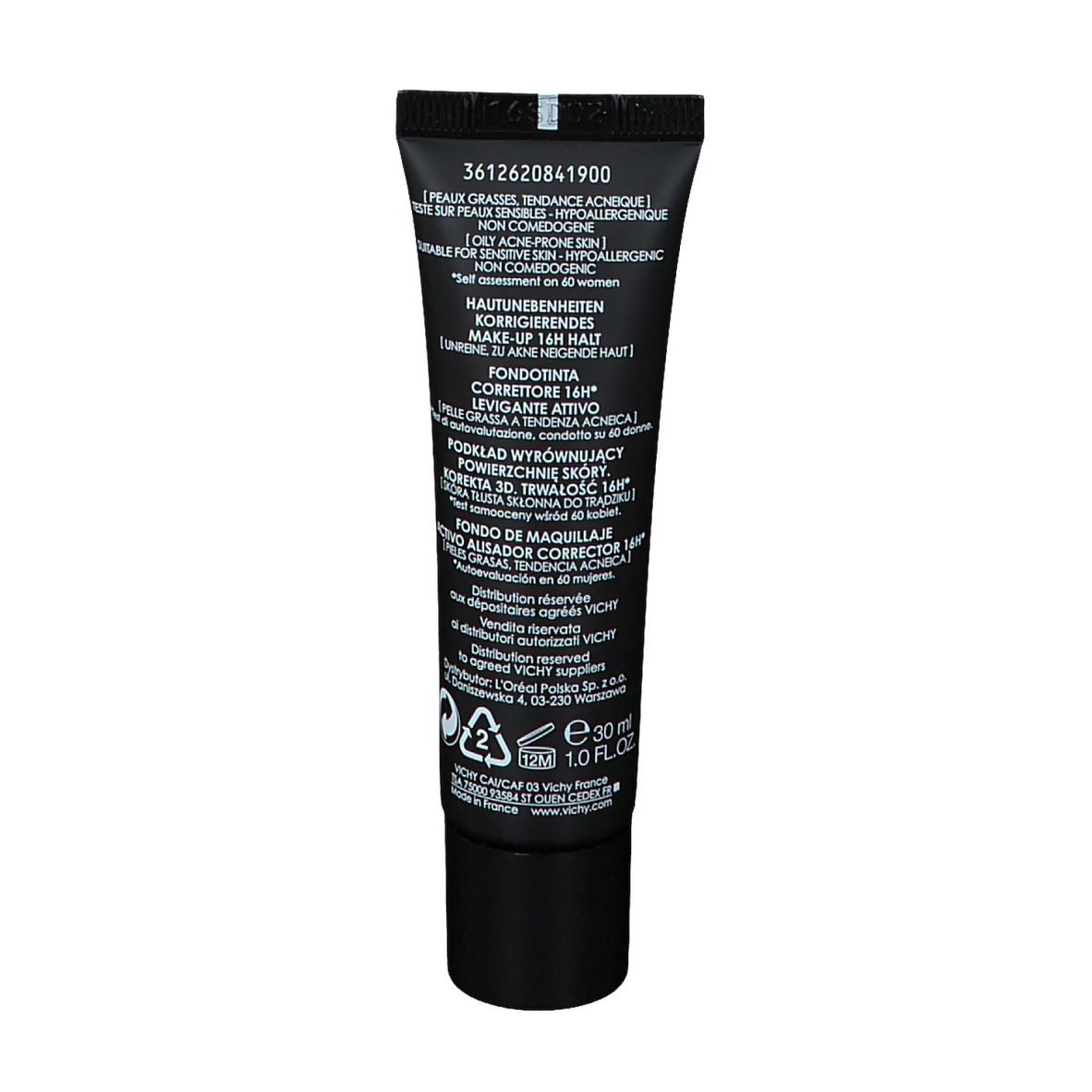 Retro del tubo nero Vichy Dermablend 3D Correction. Testo multilingue.