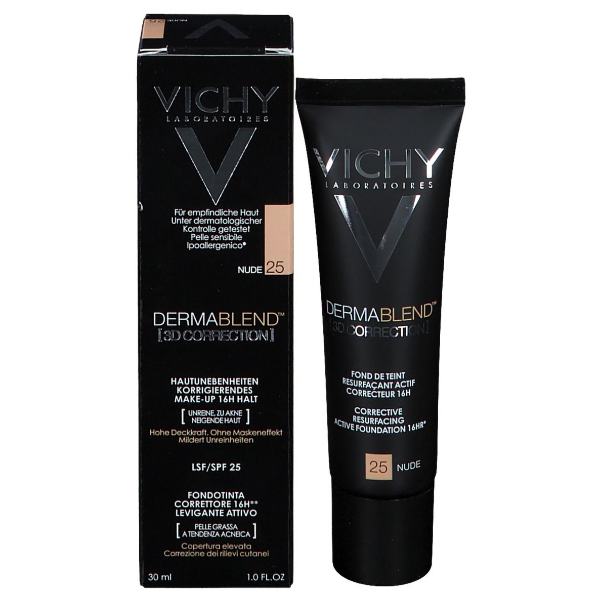 Vichy Dermablend 3D Correction 25 Nude, tubo e confezione. Prodotto e scatola affiancati.