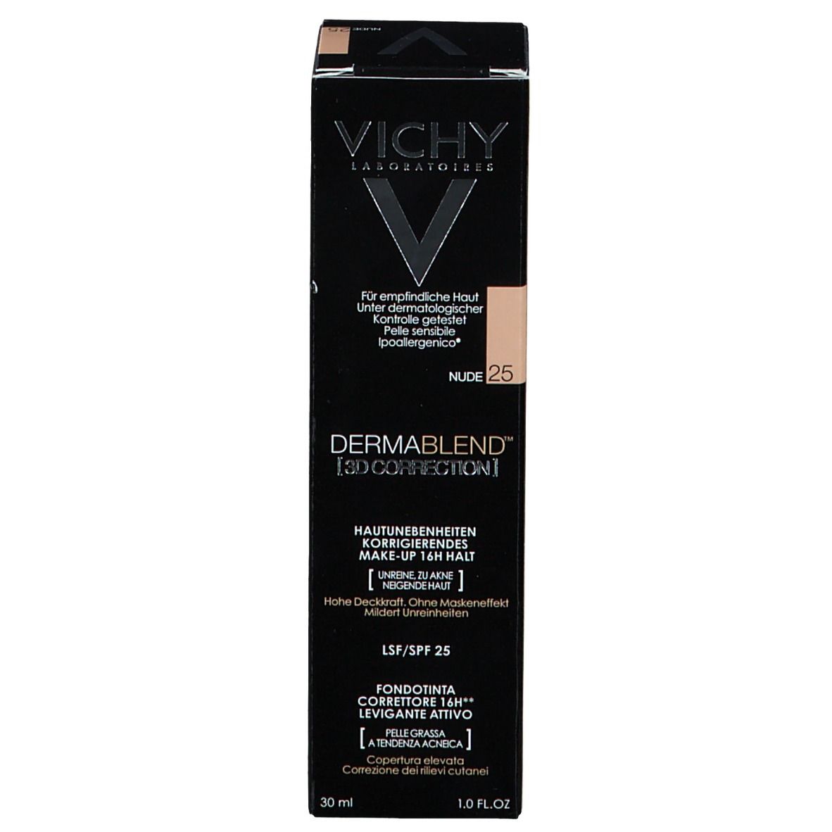Confezione Vichy Dermablend 3D Correction 25 Nude. Nome e tonalità visibili.
