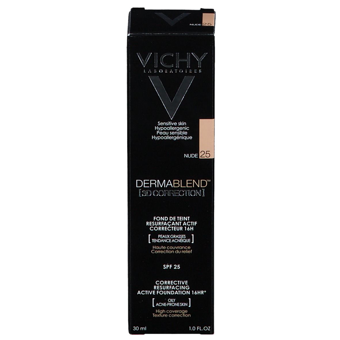 Confezione Vichy Dermablend 3D Correction 25 Nude. Nome e tonalità visibili.