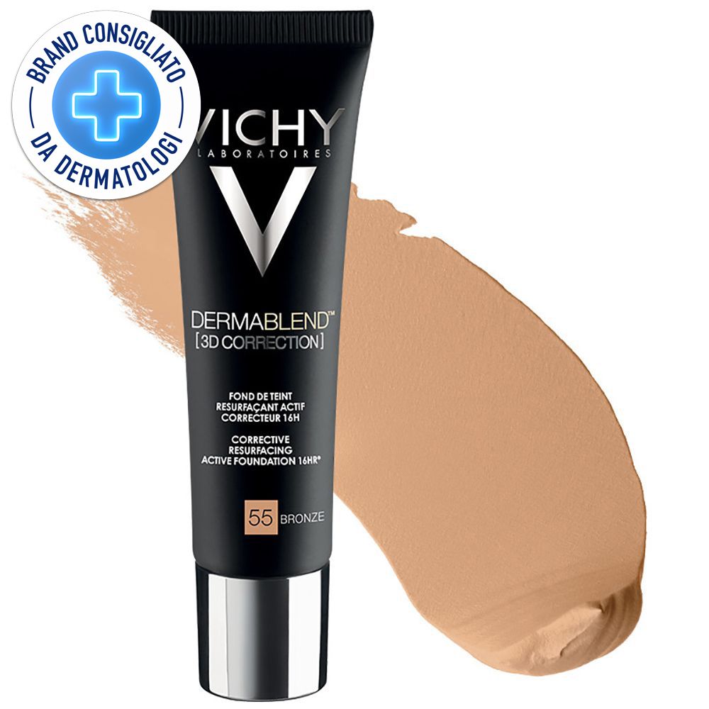 Schwarze Tube mit Make-up-Produkt und Farbklecks. Aufschrift: VICHY, DERMABLEND 3D CORRECTION, Farbton 55 Bronze. Siegel: Brand Consigliato da Dermatologi.