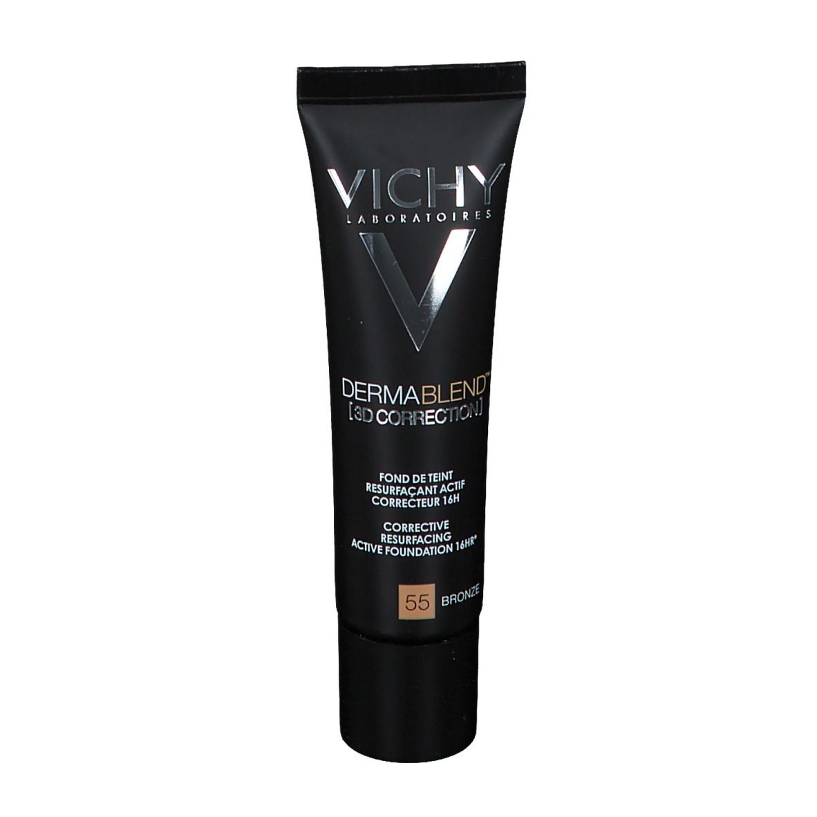 Schwarze Tube Foundation. Aufschrift: VICHY, DERMABLEND 3D CORRECTION, Farbton 55 Bronze. Schwarzer Deckel.