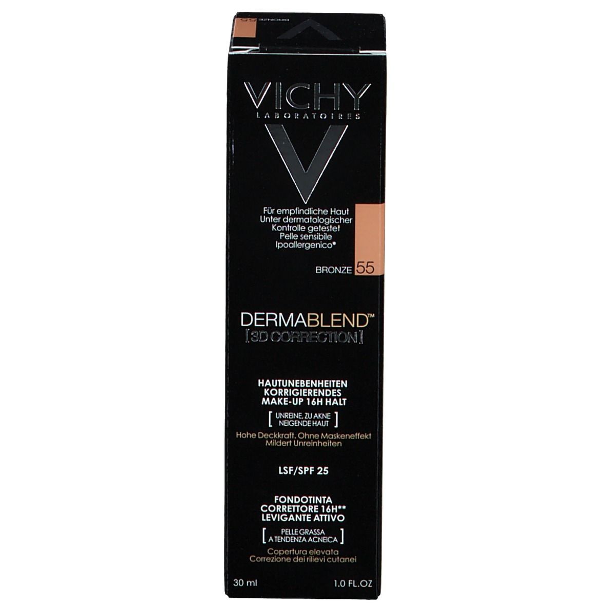 Produktverpackung. Aufschrift: VICHY, DERMABLEND 3D CORRECTION, Farbton 55 Bronze. Farbklecks auf der Verpackung.