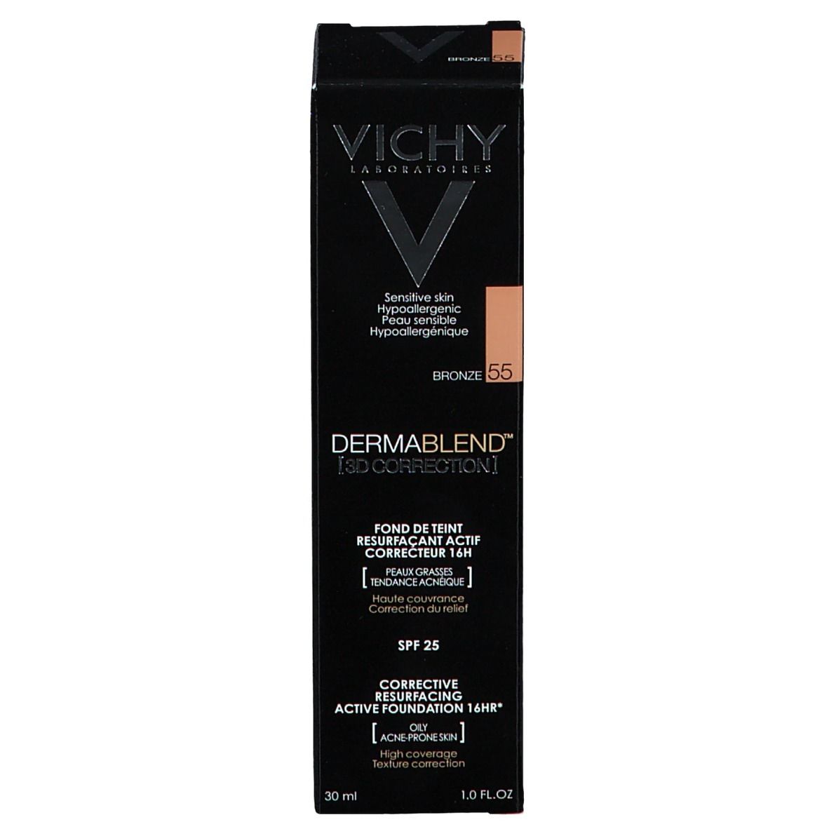 Produktverpackung. Aufschrift: VICHY, DERMABLEND 3D CORRECTION, Farbton 55 Bronze. Für empfindliche Haut.