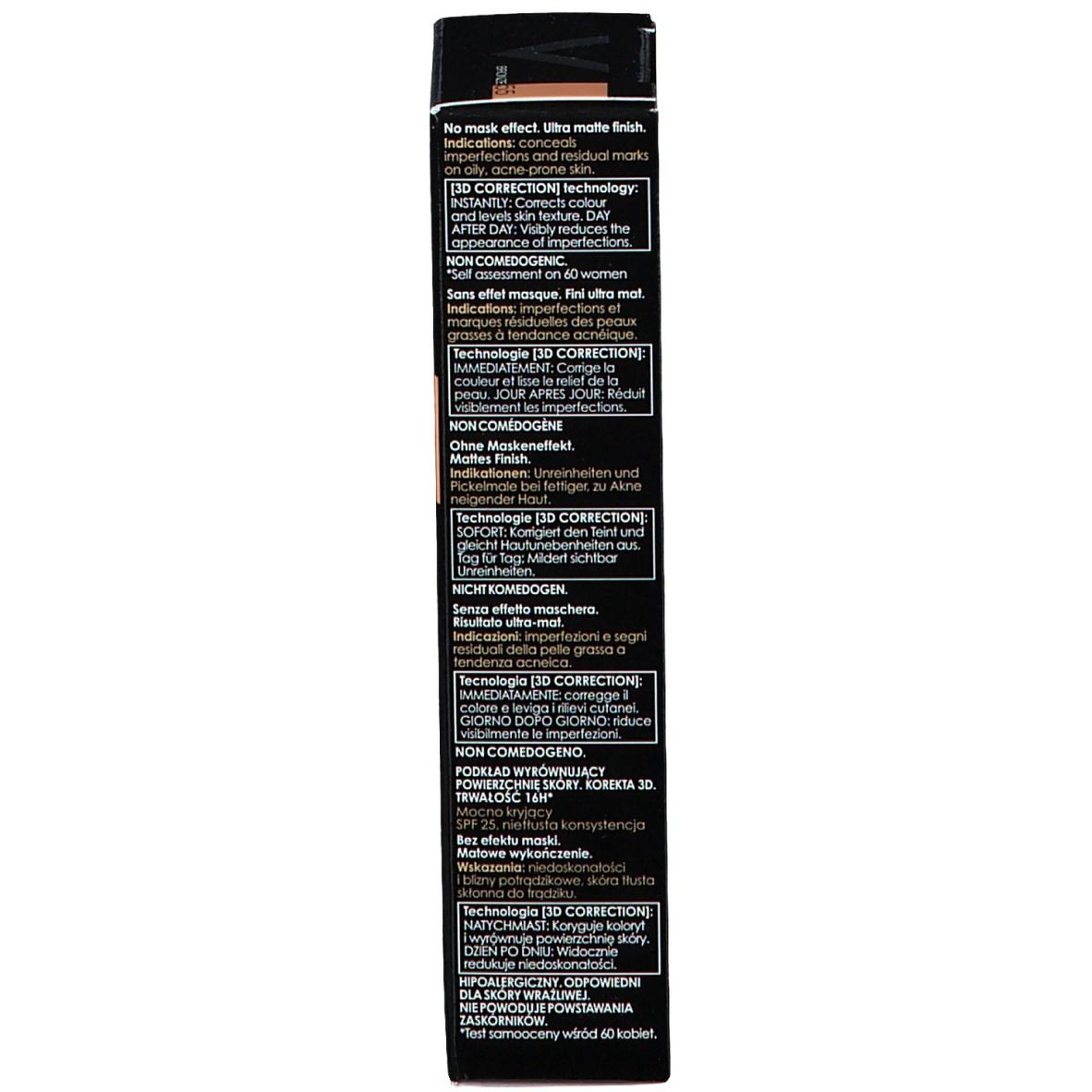 Seite der Produktverpackung. Aufschriften in mehreren Sprachen. Schwarzer Hintergrund, weiße Schrift.