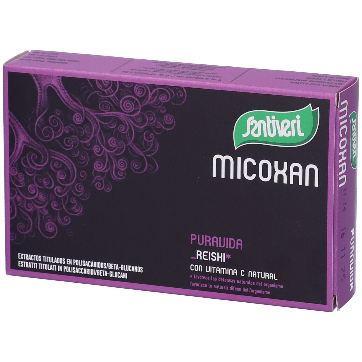 Scatola viola Santiveri Micoxan Puravida. Sfondo nero con testo bianco e motivo viola. Logo verde e bianco.