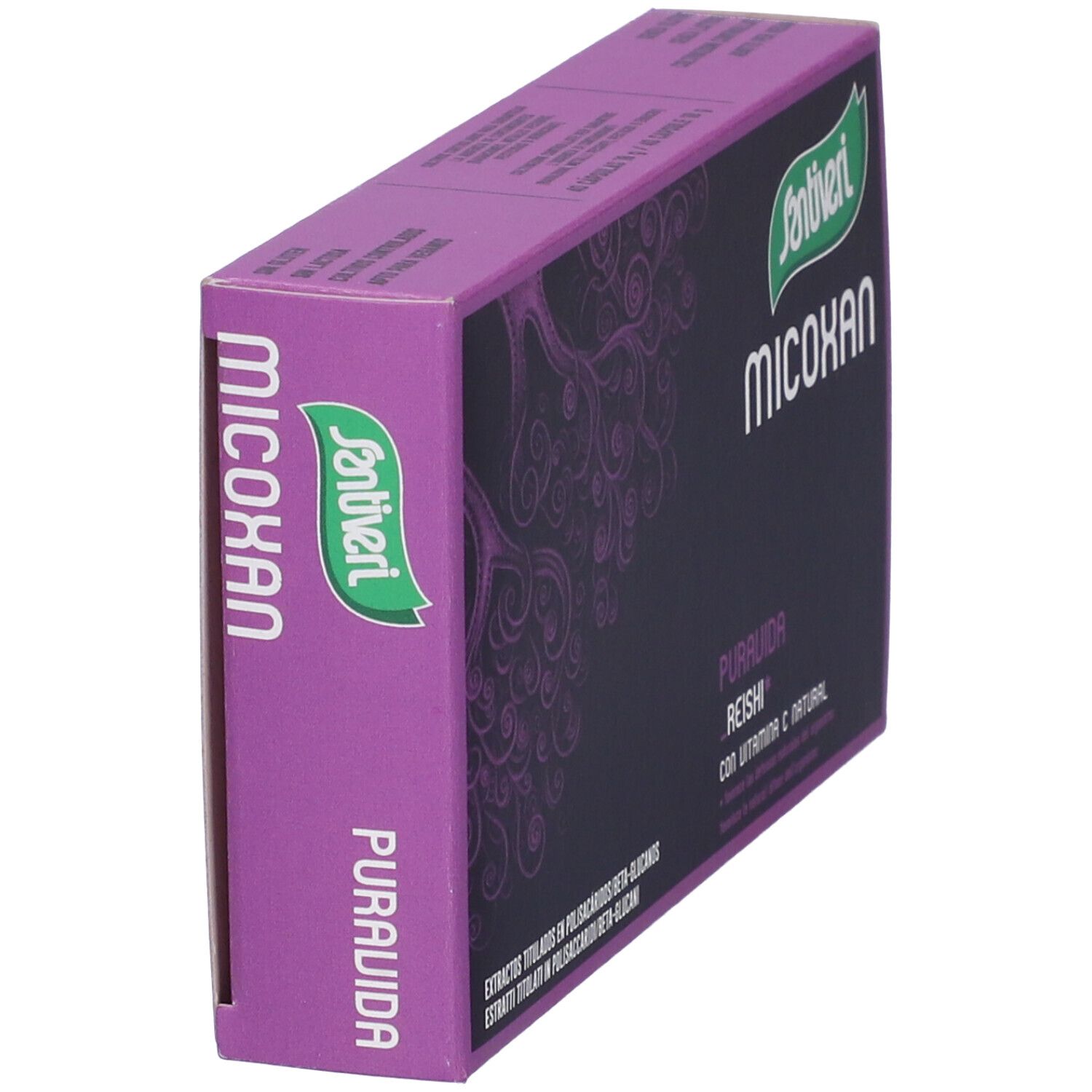 Scatola viola Santiveri Micoxan Puravida, in diagonale. Sfondo nero con testo bianco e motivo viola. Logo verde e bianco.