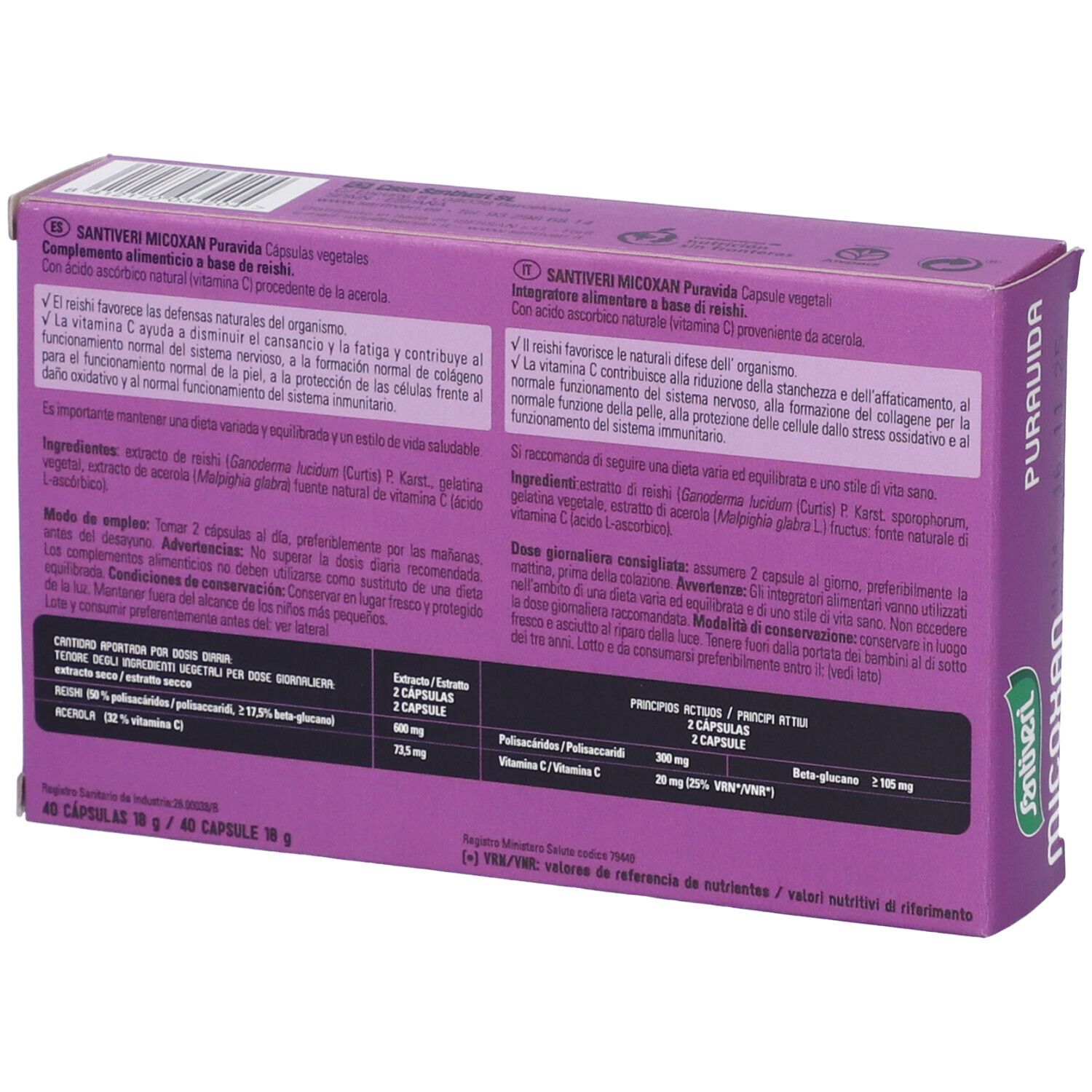 Retro della scatola viola Santiveri Micoxan Puravida. Testo multilingue. Contiene informazioni sugli ingredienti e il dosaggio.