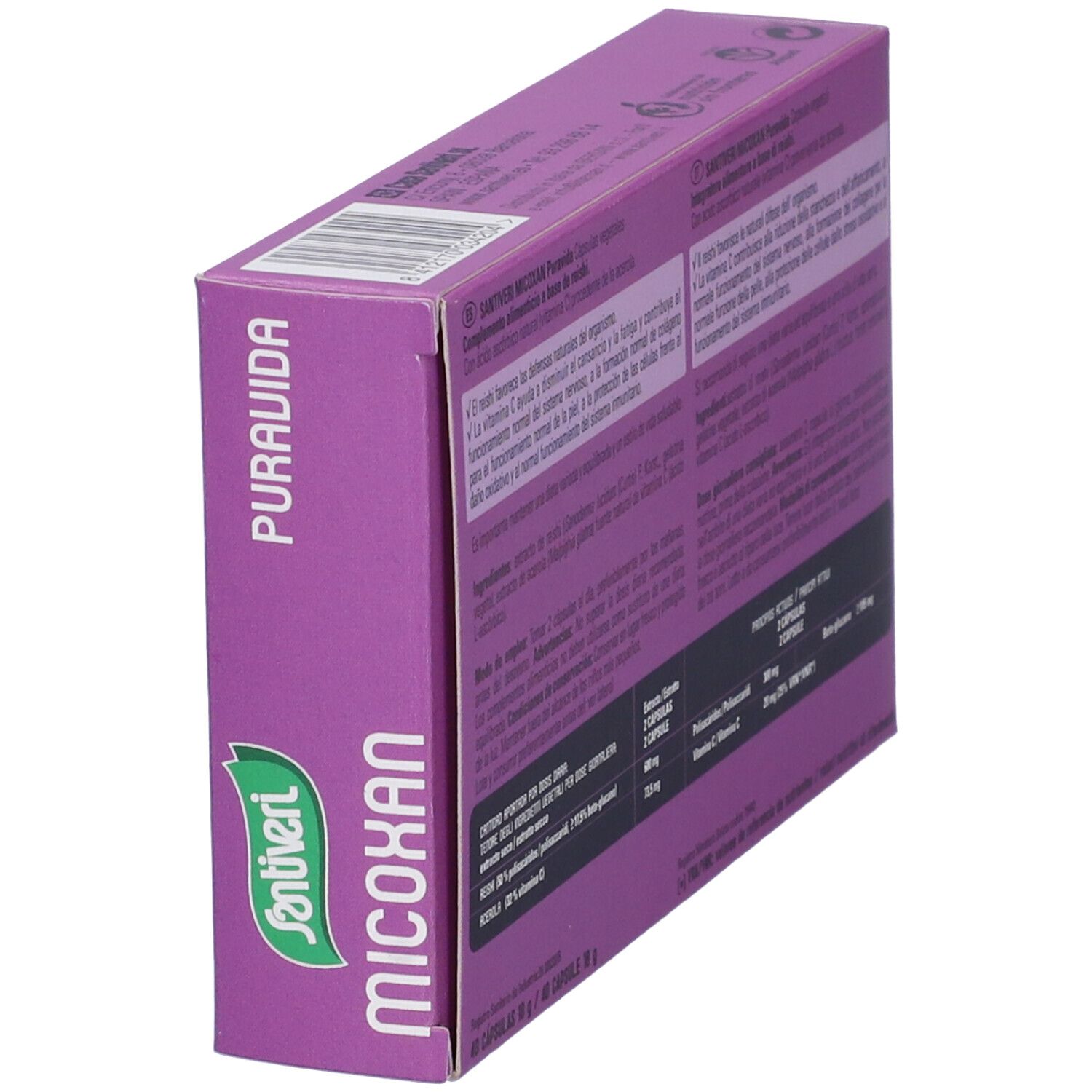 Retro della scatola viola Santiveri Micoxan Puravida, in diagonale. Testo multilingue. Ingredienti e dosaggio.