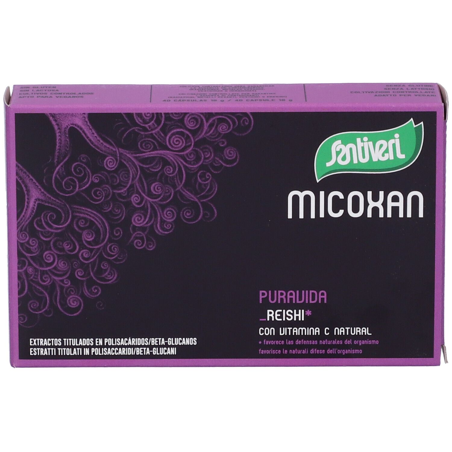 Scatola viola Santiveri Micoxan Puravida. Sfondo nero con testo bianco e motivo viola. Logo verde e bianco.